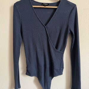 Express Small Women's Blue Ribbed Bodysuit